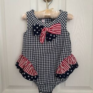 Bonnie Baby Navy and White Checkered Romper with Red Bow